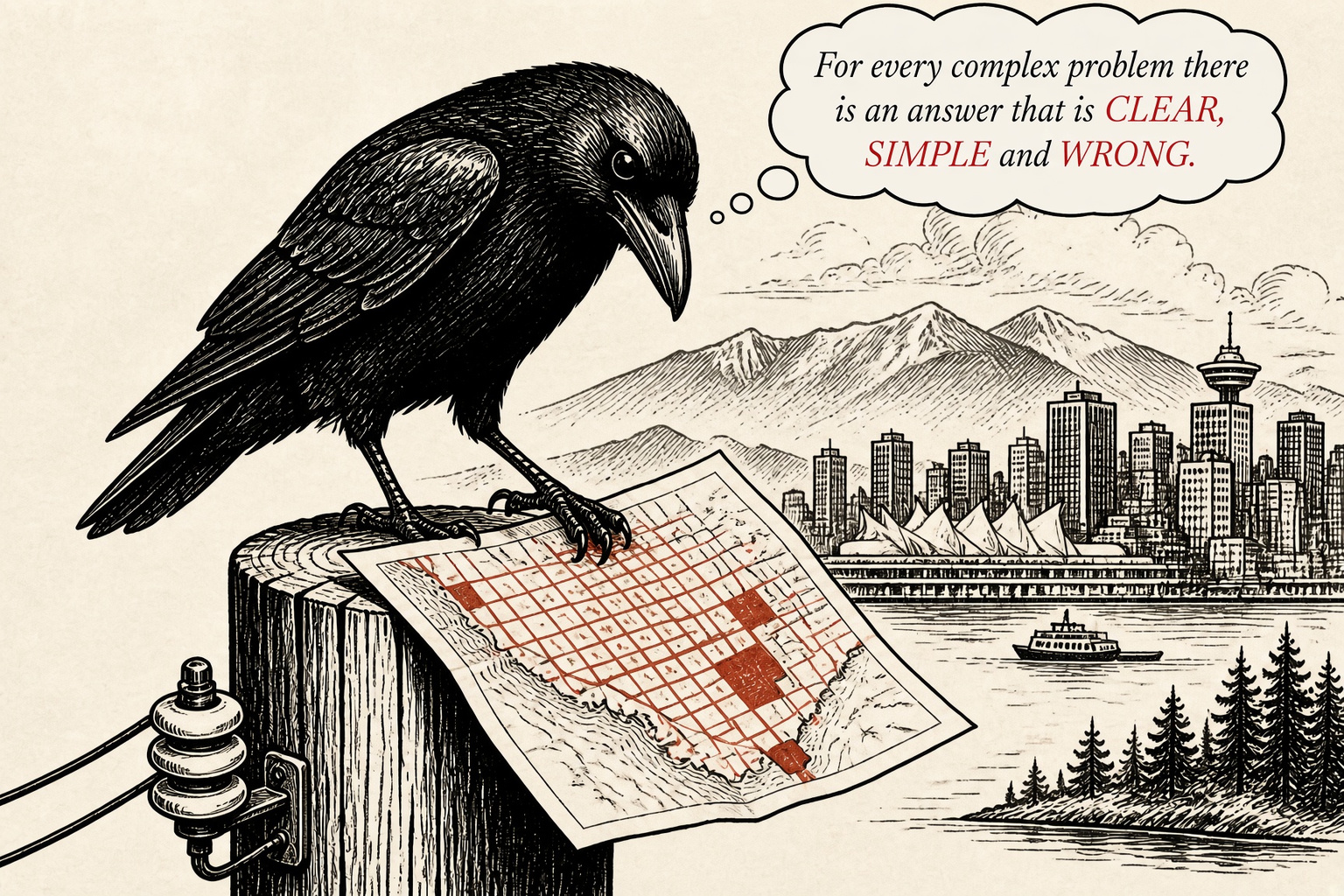The Crow on a stump with a Vancouver street map; skyline and water behind; thought bubble: For every complex problem there is an answer that is CLEAR, SIMPLE and WRONG.