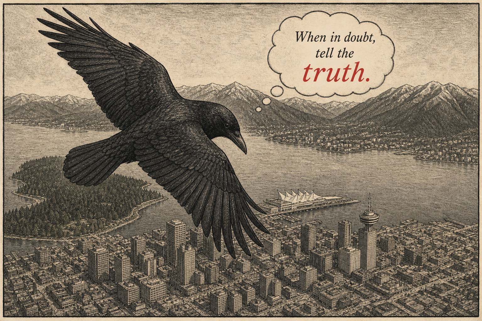 The Crow flying over Vancouver; thought bubble: When in doubt, tell the truth.