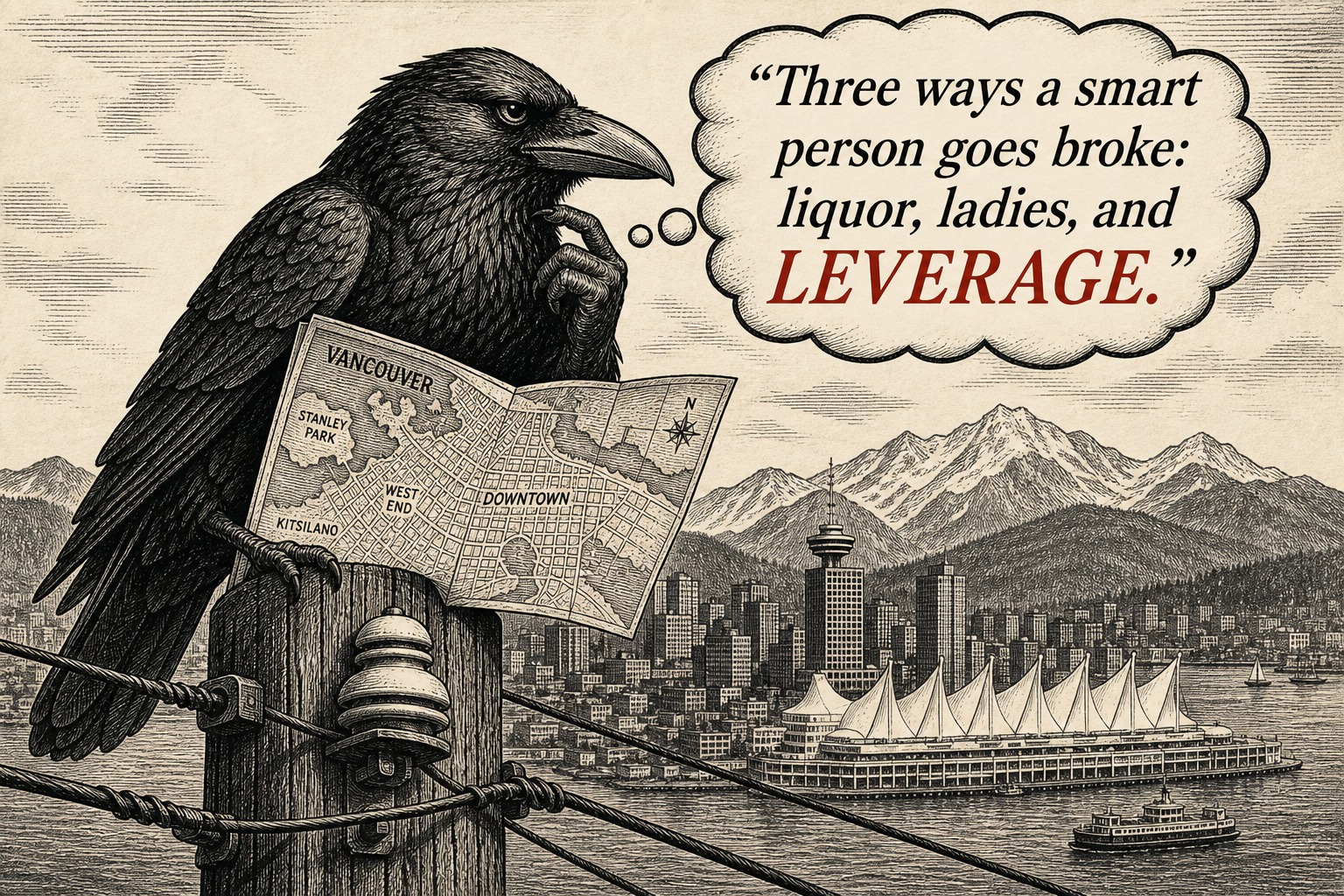 The Crow over Vancouver; thought bubble: Three ways a smart person goes broke: liquor, ladies, and leverage.