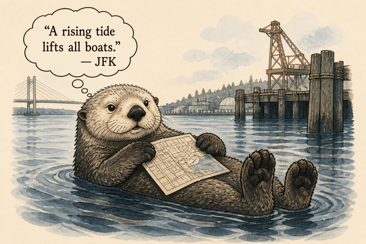 The Sea Otter floating in Tacoma harbor with a map.